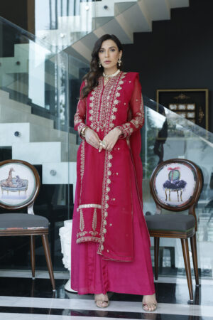 Magenta khaddi net embroidered 3pc unstitched suit