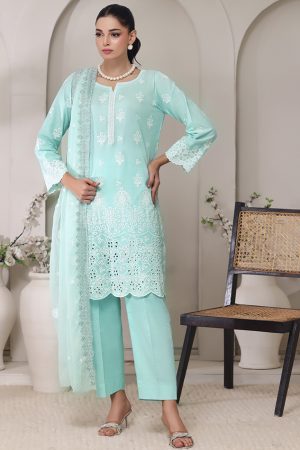 Embroidered Chikankari 3 piece unstitched suit - Seafoam Elegance